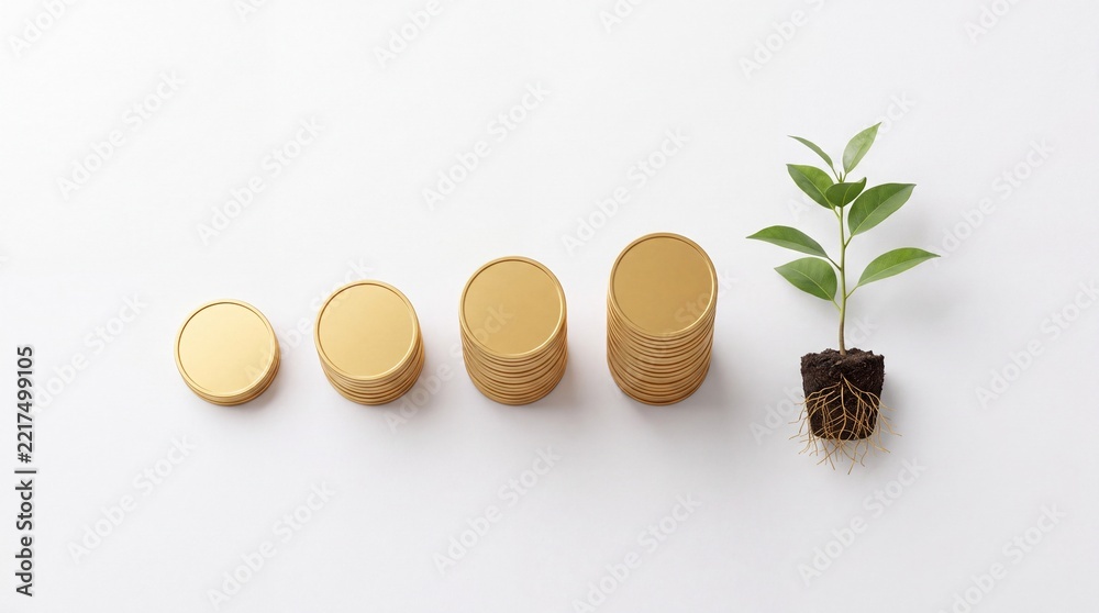 Fototapeta premium Top down view of stacks of gold coins increasing in height representing financial growth and investment progress next to a green sprout plant with roots on a clean white background.