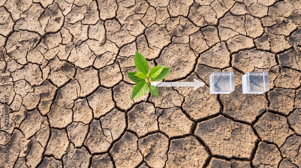 Fototapeta premium High angle view of a small green sprout growing on dry cracked soil with a white arrow pointing towards glass cubes, representing sustainable growth, hope, and environmental transformation.