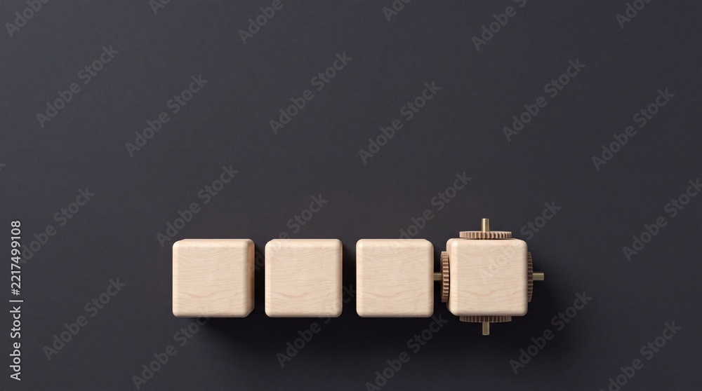 Fototapeta premium Minimalist Top Down View of Wooden Blocks with Integrated Gear Mechanism Representing Automation Industrial Innovation and Efficiency Concept on Dark Background for Business Growth