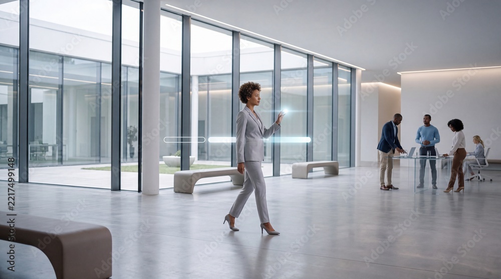 Fototapeta premium Professional businesswoman walking in a modern minimalist office atrium while interacting with a glowing digital holographic augmented reality interface for business management and data analysis