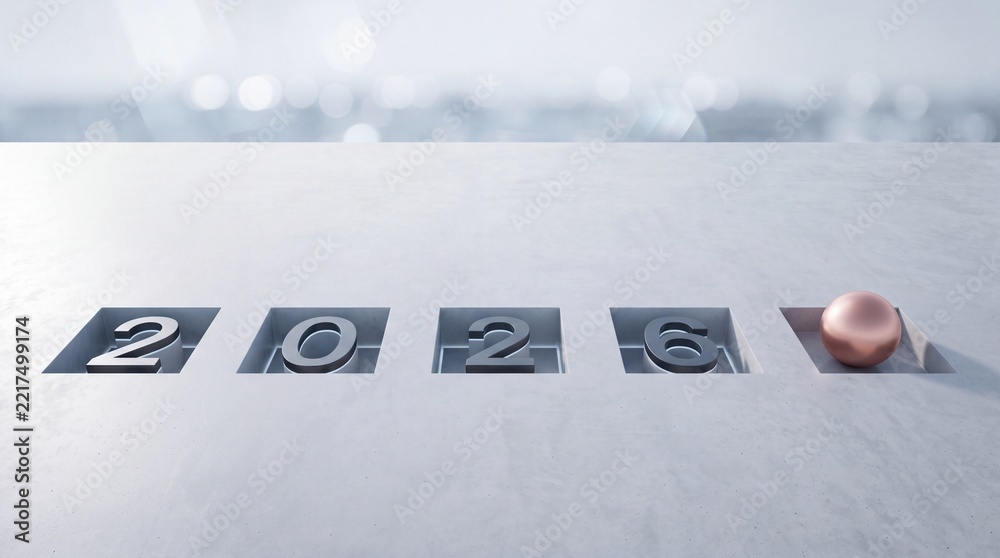 Fototapeta premium 2026 New Year Concept with 3D Numbers Engraved in Stone Surface and Copper Sphere Against Blurry City Bokeh Background, Representing Future Goals, Planning, and Upcoming Business Success Banner