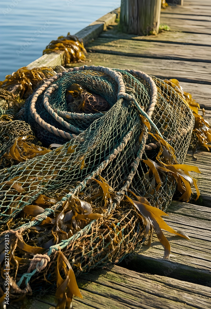 Fototapeta premium Sustainable fishing and marine conservation, tangled fishing net with seaweed on a weathered wooden pier at the ocean coast for maritime industry