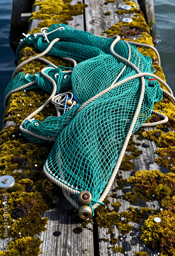 Fototapeta premium Sustainable fishing and marine conservation, green fishing net resting on a weathered wooden pier covered in moss by the ocean water for industry
