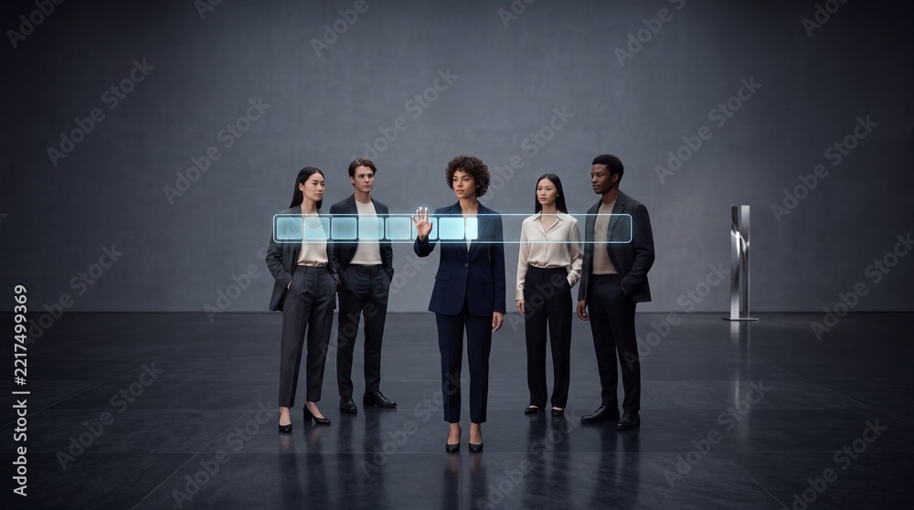 Fototapeta premium Diverse team of professional business people standing in a minimalist dark studio environment while a woman leader interacts with a futuristic glowing holographic interface and digital data hud.