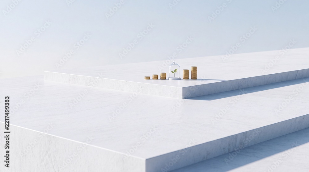 Fototapeta premium Conceptual minimalist 3D illustration of growing gold coin stacks and a green plant sprout protected under a glass dome on white marble steps, representing sustainable investment and wealth growth.