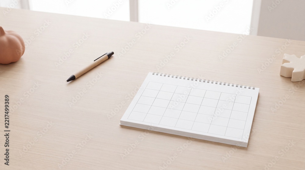 Fototapeta premium Minimalist desk setup with blank spiral calendar planner, pen, and autumn decorations on a light wooden background, perfect for scheduling, time management, and fall season organization.