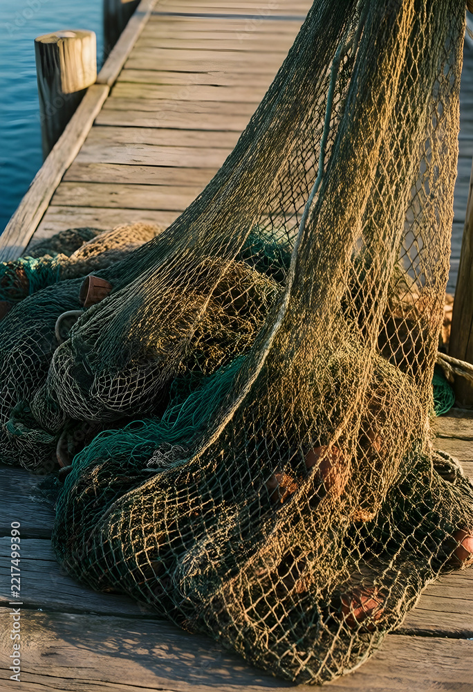 Fototapeta premium Sustainable fishing and maritime industry, commercial fishing nets piled on a wooden pier at sunset for coastal economy and marine conservation concepts