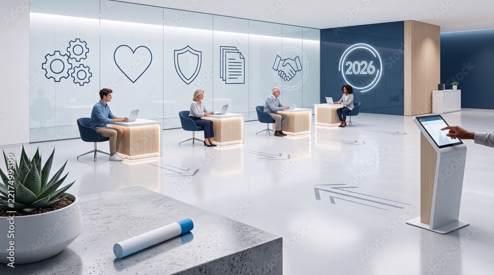 Fototapeta premium Diverse group of professionals working in a futuristic bank or modern service center lobby featuring digital icons for security, partnership, and healthcare in a 2026 concept office interior.
