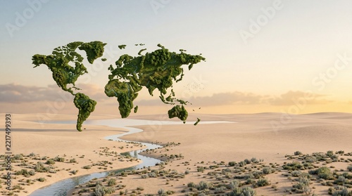 Conceptual 3D rendering of the world map created from lush green trees and forests floating over a vast arid desert landscape with a winding river, symbolizing global ecology and reforestation.