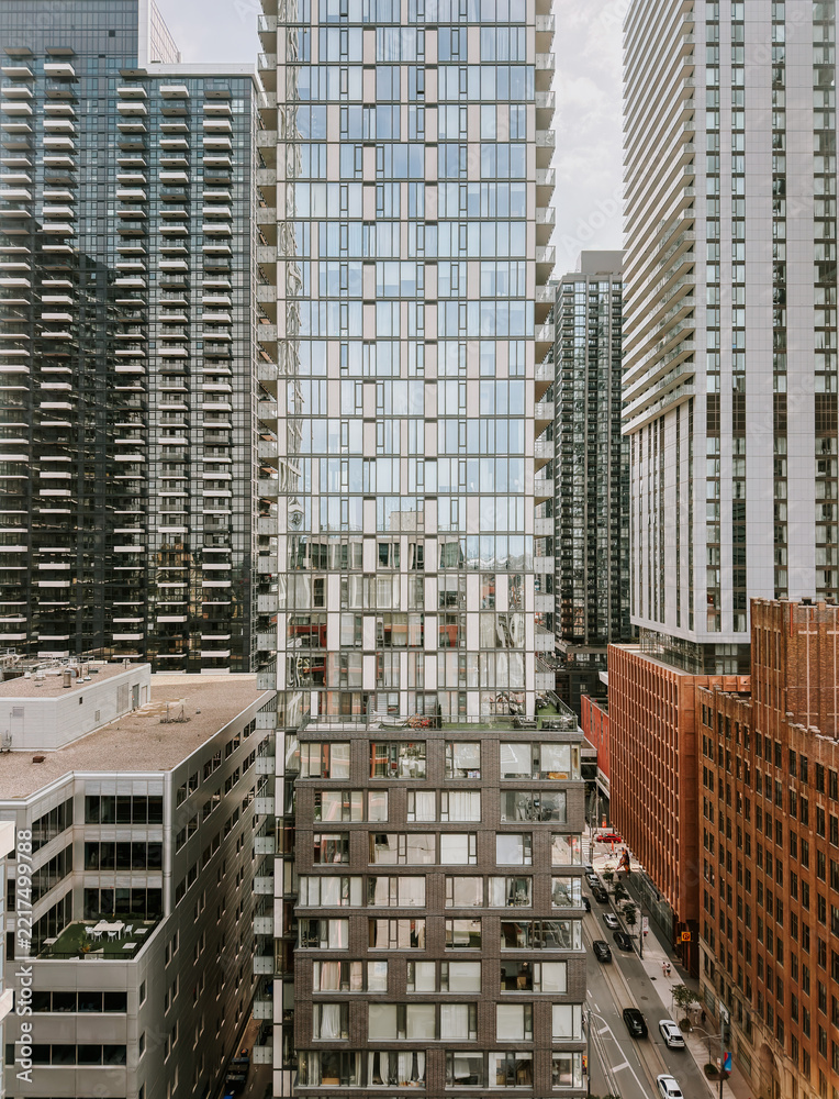 Fototapeta premium High angle view of a dense modern cityscape in Toronto