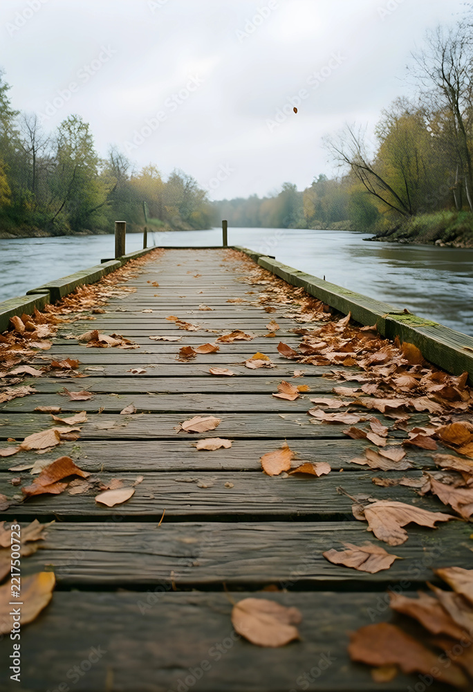 Fototapeta premium Solitude and mindfulness, wooden pier covered in autumn leaves extending into a calm river during a peaceful fall season with overcast sky