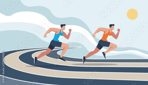 Two muscular runners intensely racing on a curved athletic track under a bright sunny sky, symbolizing competition, speed, and peak performance.