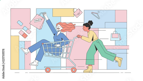 Two excited women happily shopping, one joyfully riding in a shopping cart pushed by her friend, with 