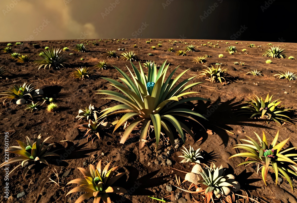 Fototapeta premium Extraterrestrial landscape with alien flora, space exploration and exoplanet discovery concept, barren desert terrain on a distant planet surface
