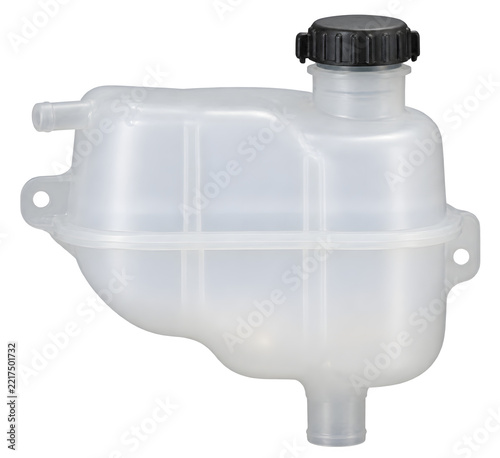 Translucent electric vehicle coolant reservoir tank bottle with moulded filler neck and pressure cap