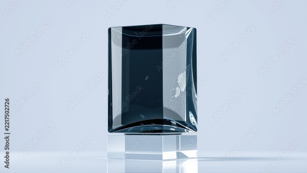 Fototapeta premium Glass cube reflects space. Dark interior shows galaxy, stars. Minimalist studio shot, clean background, elegant design.