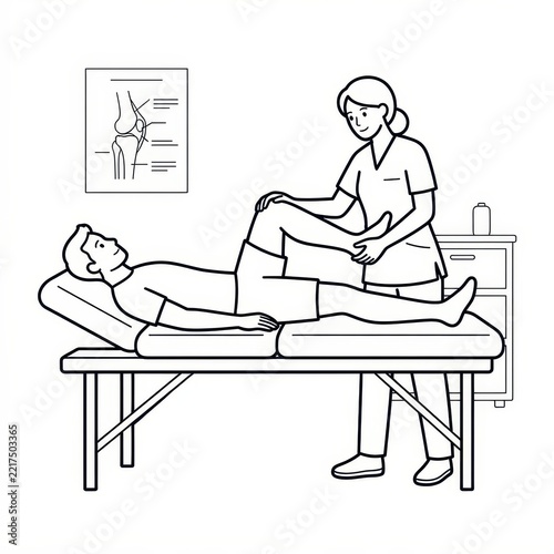 Physiotherapist examining patient leg knee line art