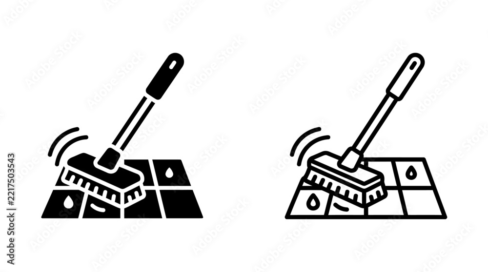 Fototapeta premium Floor scrubbing brush icon set for cleaning tiled surfaces with cleaning