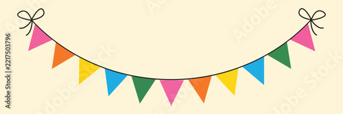 Colorful bunting flags garland with bows on a light background, festive party decoration for celebrations, birthdays, and events, vector illustration of hanging triangular pennants