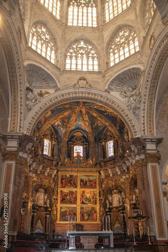 Interior view and historic art of Valencia Cathedral in Spain