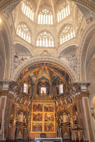 Interior view and historic art of Valencia Cathedral in Spain