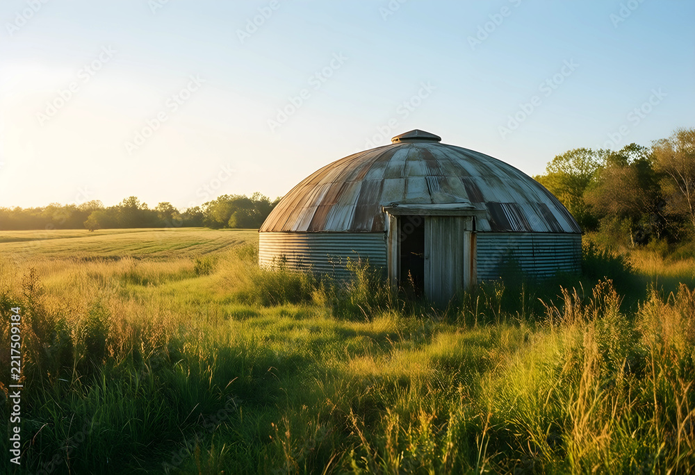 Naklejka premium Rural decay and agricultural decline, abandoned metal grain silo in a golden meadow at sunset with overgrown grass and weathered industrial architecture