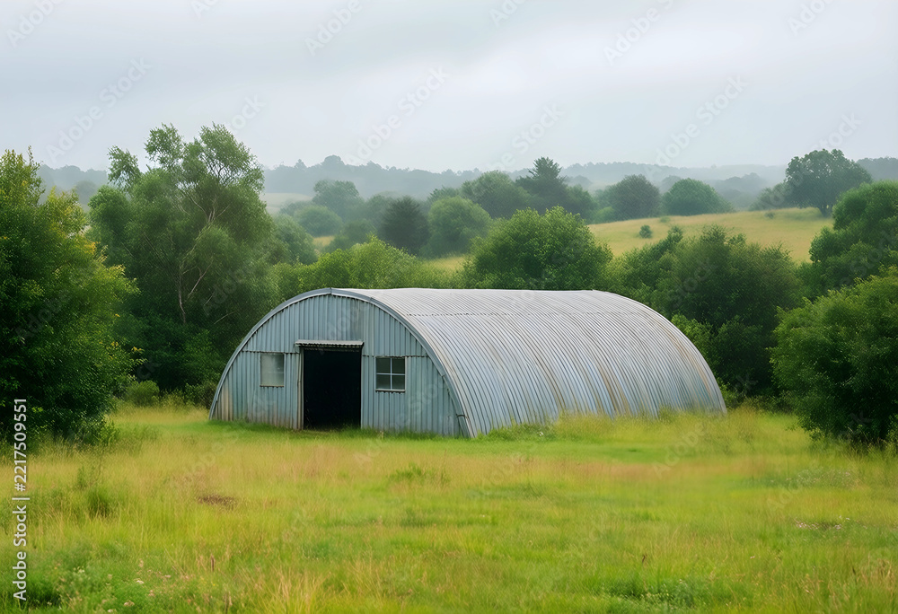 Naklejka premium Rural agriculture and farm infrastructure, old corrugated metal quonset hut in a green meadow during a rainy day in the countryside landscape