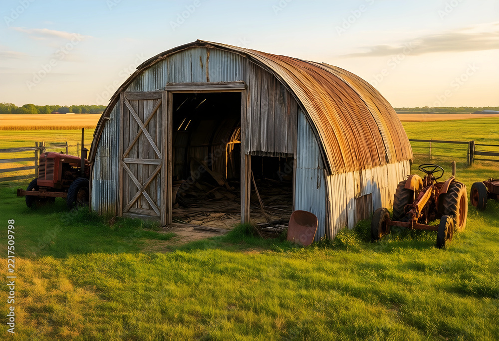 Naklejka premium Agriculture and rural heritage, old metal barn with vintage tractors in a grassy field at sunset farming history and countryside decline