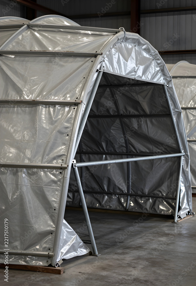 Fototapeta premium Agricultural storage and farming infrastructure, portable hoop house shelter with metal frame and plastic cover for crop protection in industrial shed