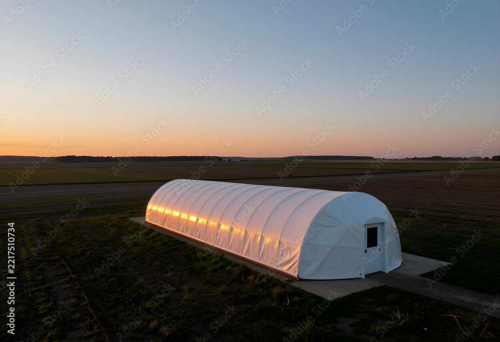 Fototapeta premium Sustainable agriculture and food security, greenhouse tunnel in rural farmland at sunset for organic farming and crop production in a countryside field