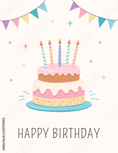 Birthday greeting card with a birthday cake. Vector illustration.