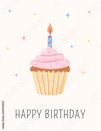 Birthday greeting card with a cupcake. Vector illustration.