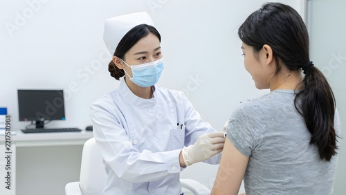 121, A clinical research nurse administering a vaccine to a patient with a gentle, reassuring smile in a bright contemporary medical clinic, compassionate healthcare delivery