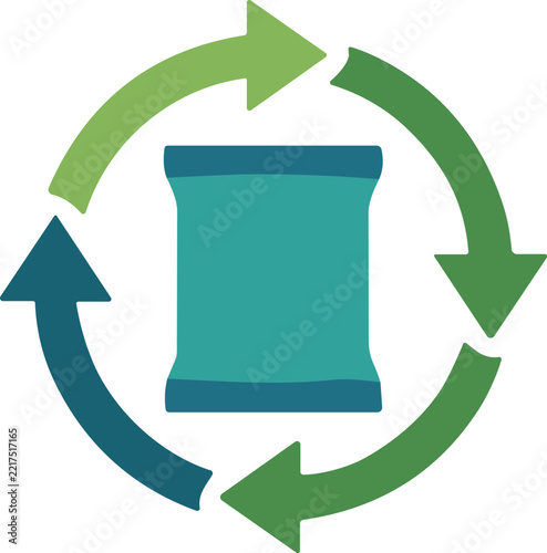 Packaging pouch icon surrounded by circular recycling arrows representing sustainable product design for web use