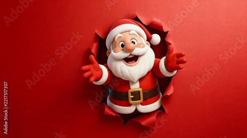 Funny Santa Claus character. Charming Santa Claus suddenly appears against a red paper background. A Christmas and New Year greeting. Suitable for a video greeting card, corporate blog, or social medi