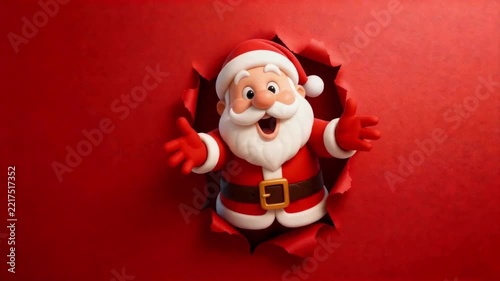 Funny Santa Claus character. Charming Santa Claus suddenly appears against a red paper background. A Christmas and New Year greeting. Suitable for a video greeting card, corporate blog, or social medi