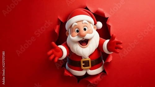 Funny Santa Claus character. Charming Santa Claus suddenly appears against a red paper background. A Christmas and New Year greeting. Suitable for a video greeting card, corporate blog, or social medi