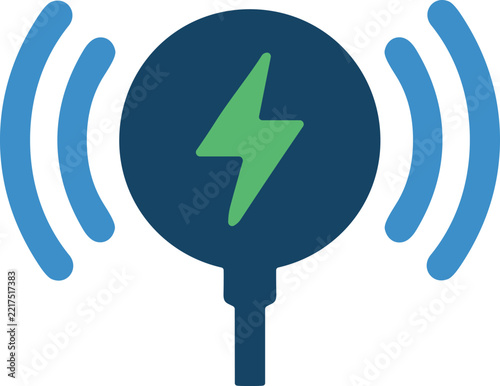 Wireless charging icon with lightning bolt symbol and signal waves for power transfer for web and print use