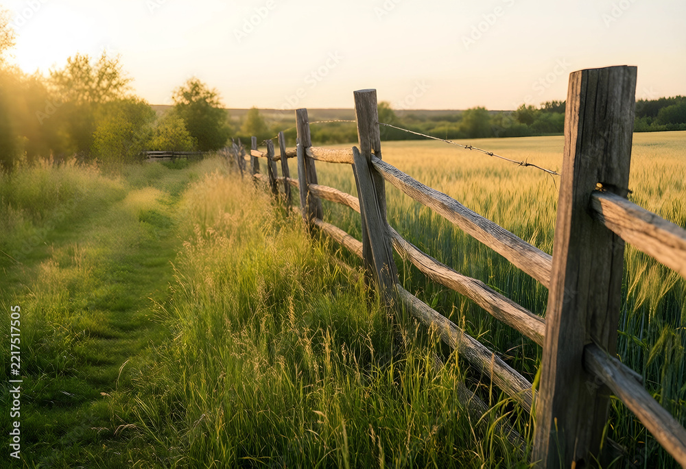 Naklejka premium Agriculture and rural lifestyle, wooden fence along a wheat field at sunset with golden hour light in a peaceful countryside landscape