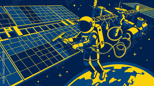 Astronaut cleaning solar panels in outer space