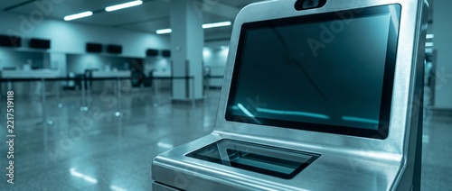 Self check-in kiosk in airport terminal lobby for passenger boarding information and travel technology.