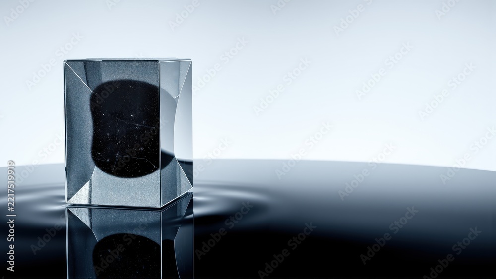 Fototapeta premium Glass cube reflects starry night sky. Ripples distort reflection, creating dramatic visual effect. Minimalist composition, dark tones dominate.