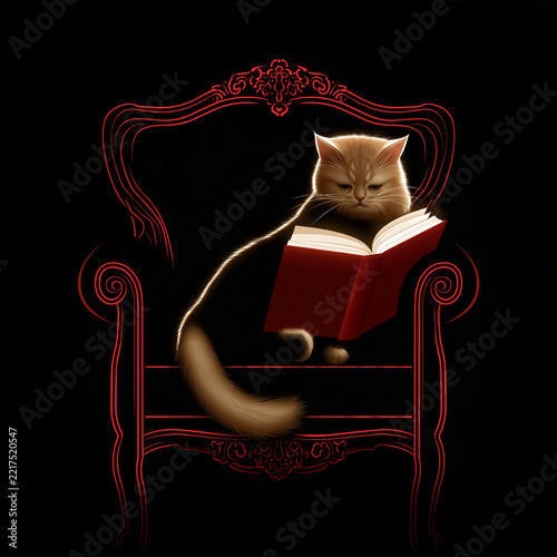 安楽椅子で読書をする猫。本。書籍