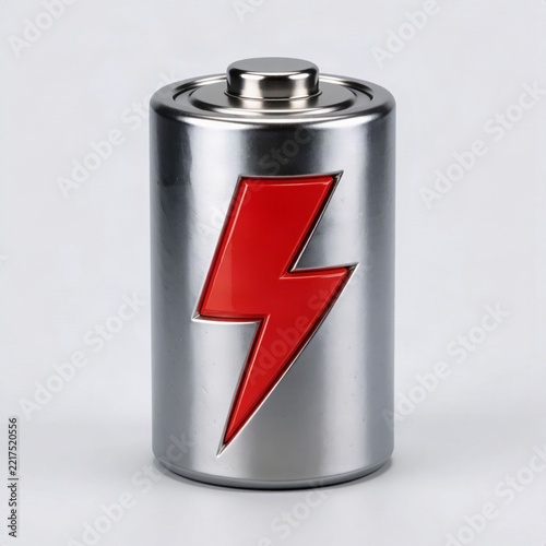 Fully charged metallic battery with a red lightning bolt symbol