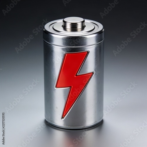 Silver cylindrical battery with red lightning bolt symbol on dark gradient background