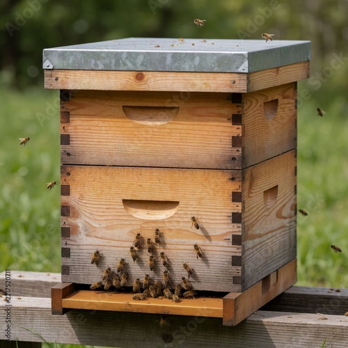 Honey bees flying around a wooden beehive in a natural environment