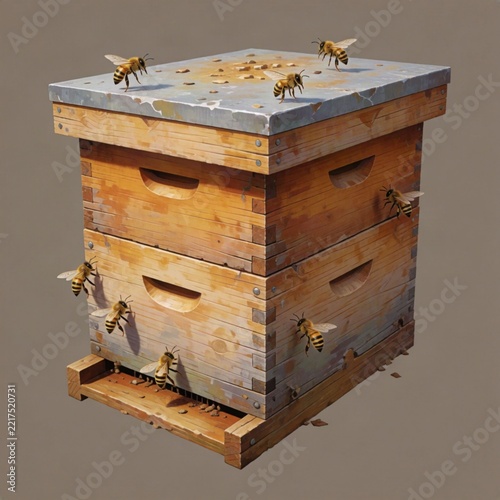 Wooden beehive box with honeybees flying around the entrance and roof