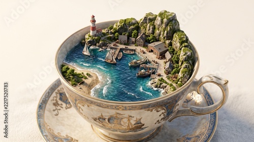 Surreal miniature coastal harbor inside a vintage teacup