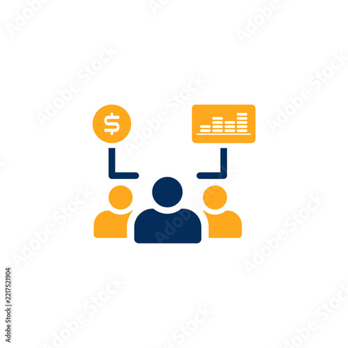 A flat design vector icon set in navy blue and orange representing finance, accounting, and money management. The collection features envelopes with dollar signs, wallets with coins, clipboards with r