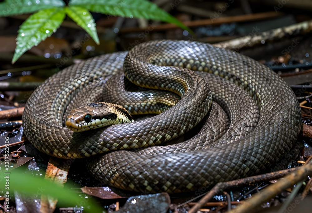 Fototapeta premium Wildlife conservation and biodiversity, coiled snake resting on forest floor in natural habitat with textured scales and alert eyes in wilderness